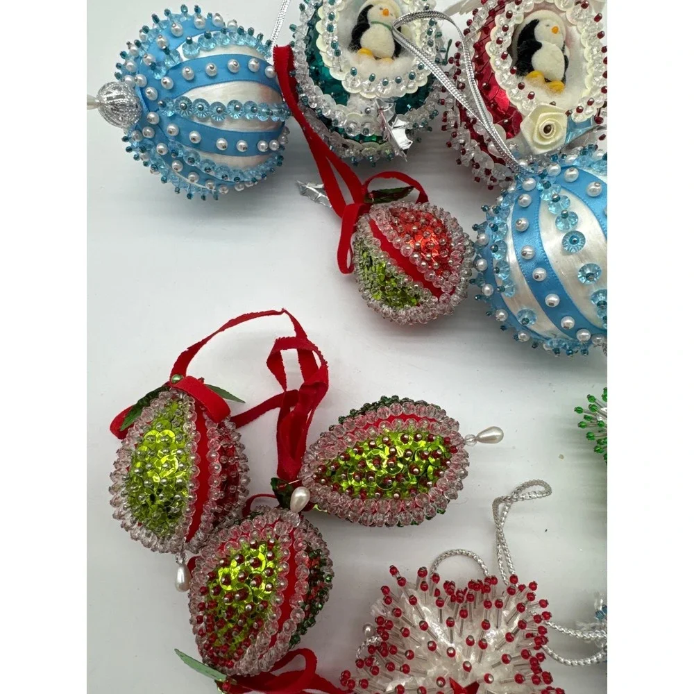 Vintage‎ Christmas Handmade Push Pin Sequin Ornaments Lot of 11 Beautiful!
